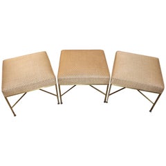 Paul McCobb for Directional Set of Three Brass Ottomans with Original Fabric