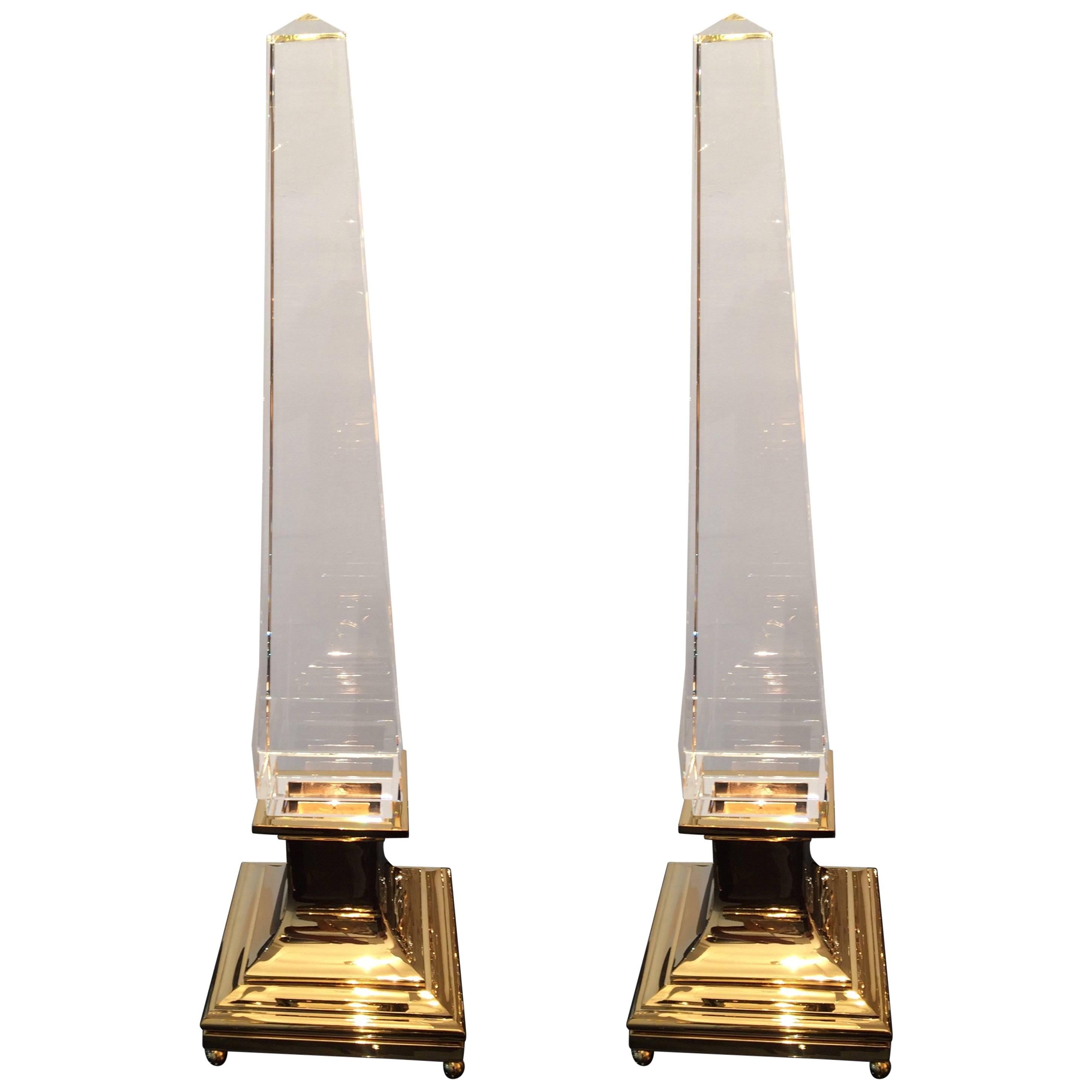 Pair of Big Obelisk Crystal Lamps For Sale