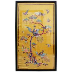 Rare 19th Century Yellow Silk Chinese Embroidered Panels with Phoenix & Foliage