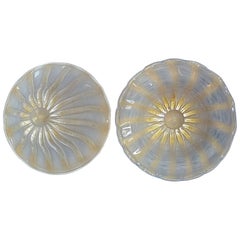 Pair Seguso Flush Mounts Ceiling Lamps Gold Ivory Murano Glass Gilt Brass 1980s