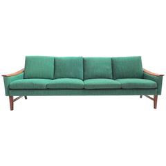 Scandinavian Jade Green Wool and Teak Four-Seat Sofa Midcentury, 1960s