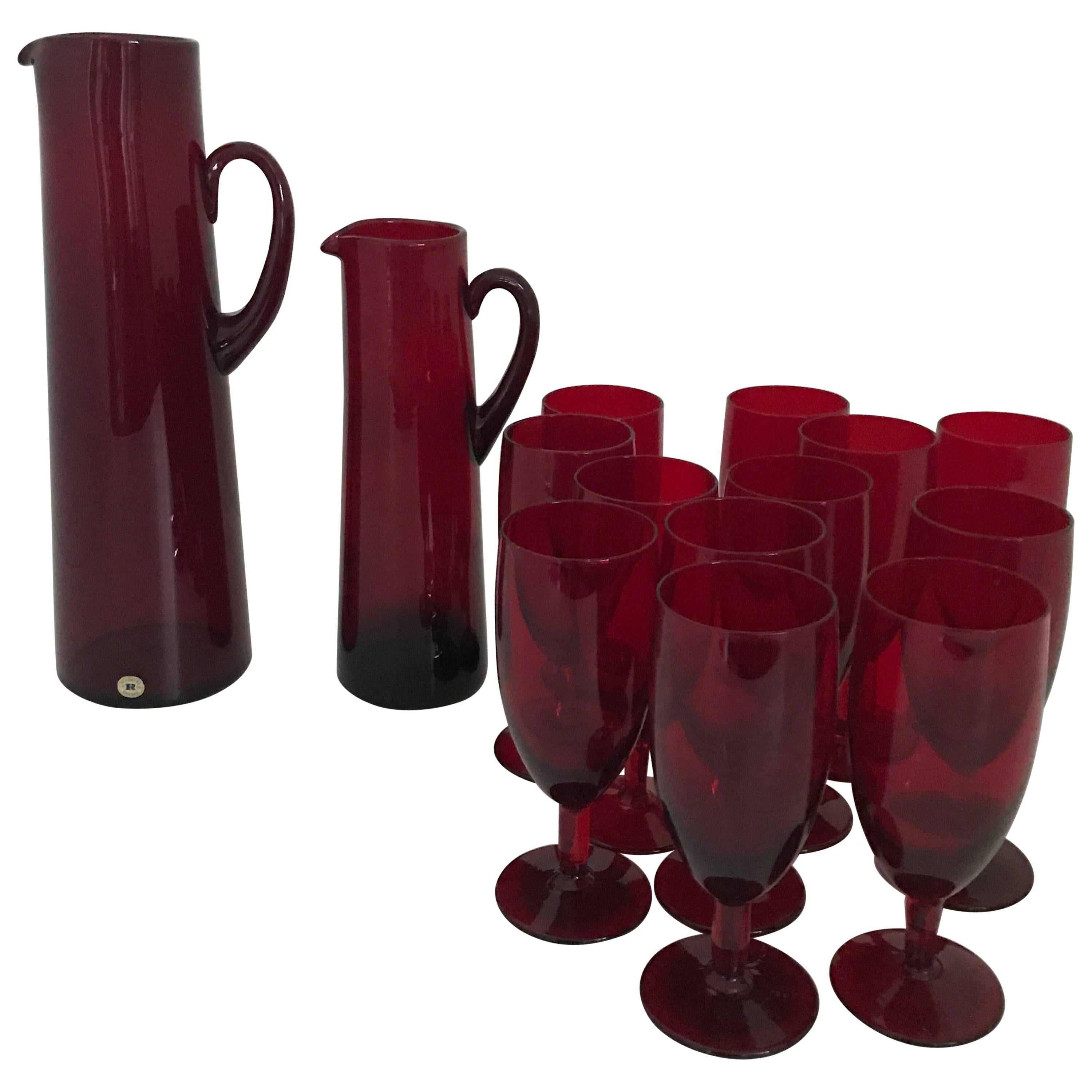 1960 Monica Bratt Reijmyre Glass Set of Two Pitchers and 12 Drinking Glass For Sale