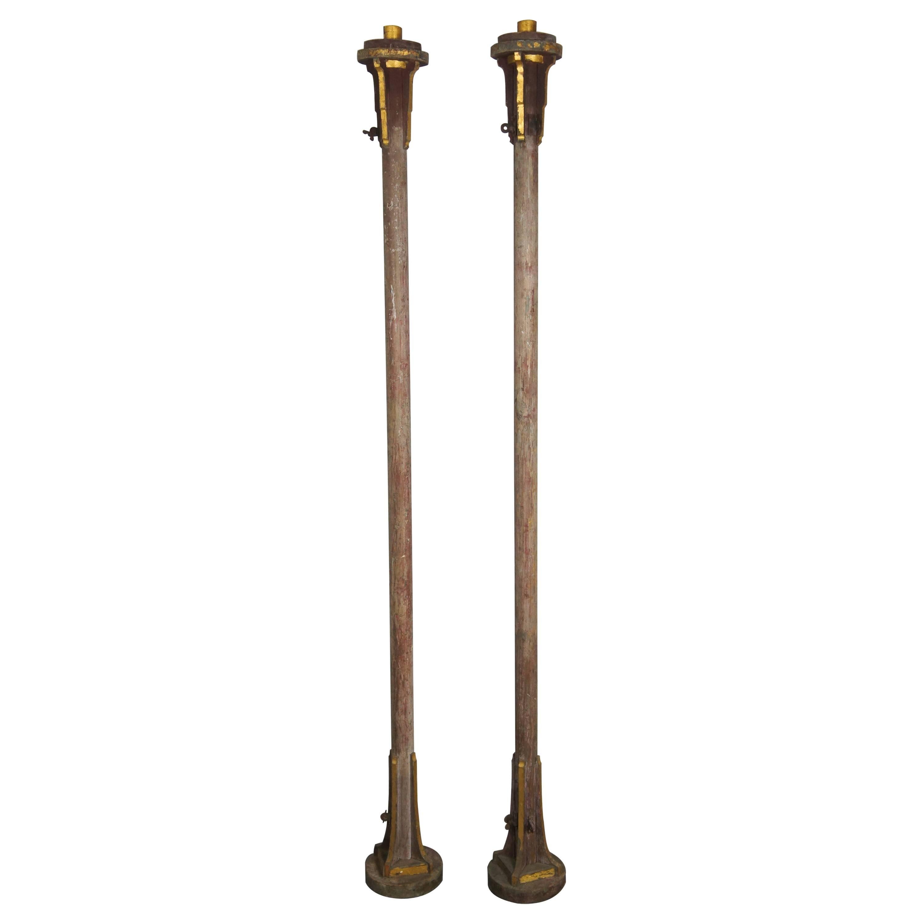 Pair of Large Irish Wooden Church Candlesticks Torchère in Original Paint