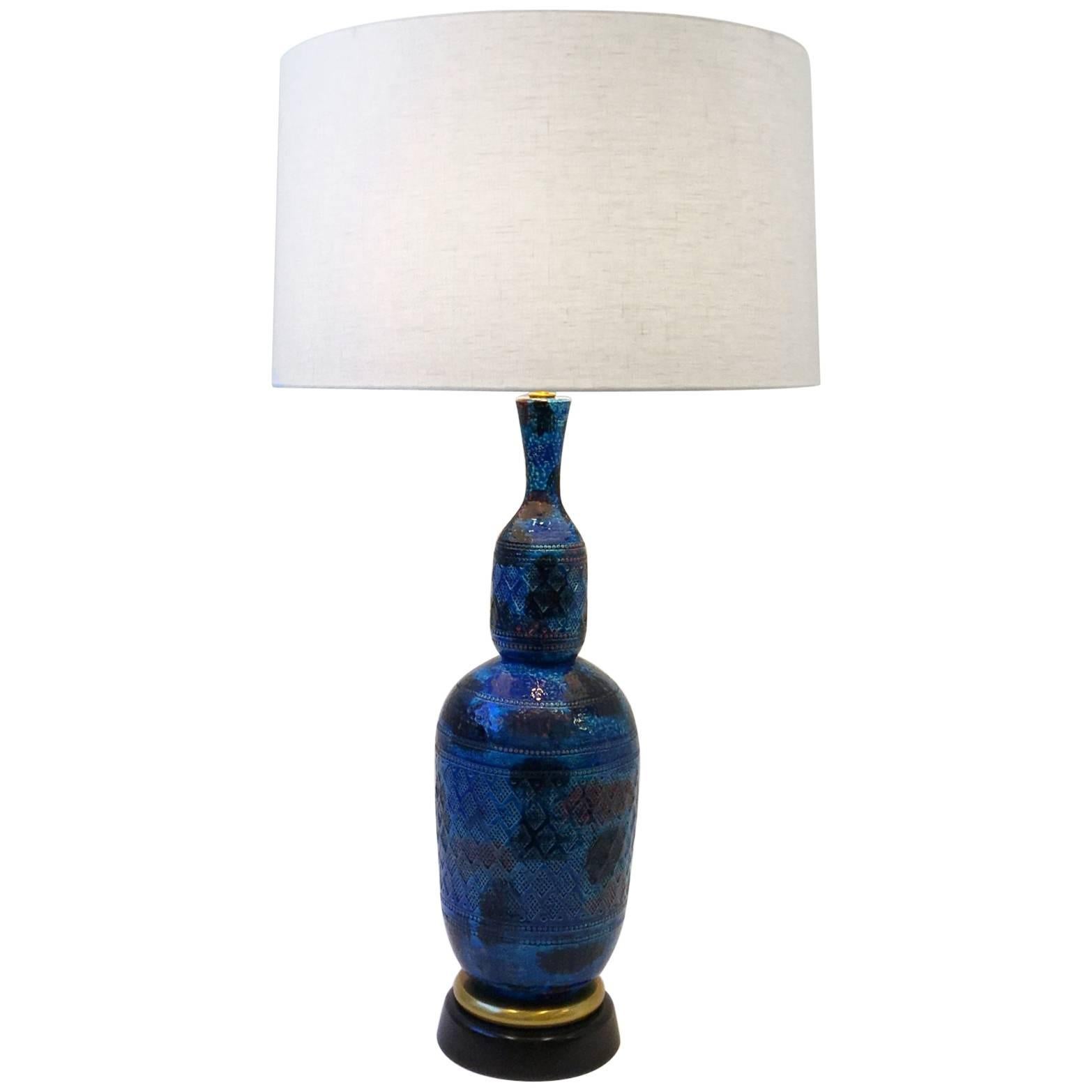 Italian Ceramic and Brass "Rimini Blue" Table Lamp by Aldo Londi for Bitossi