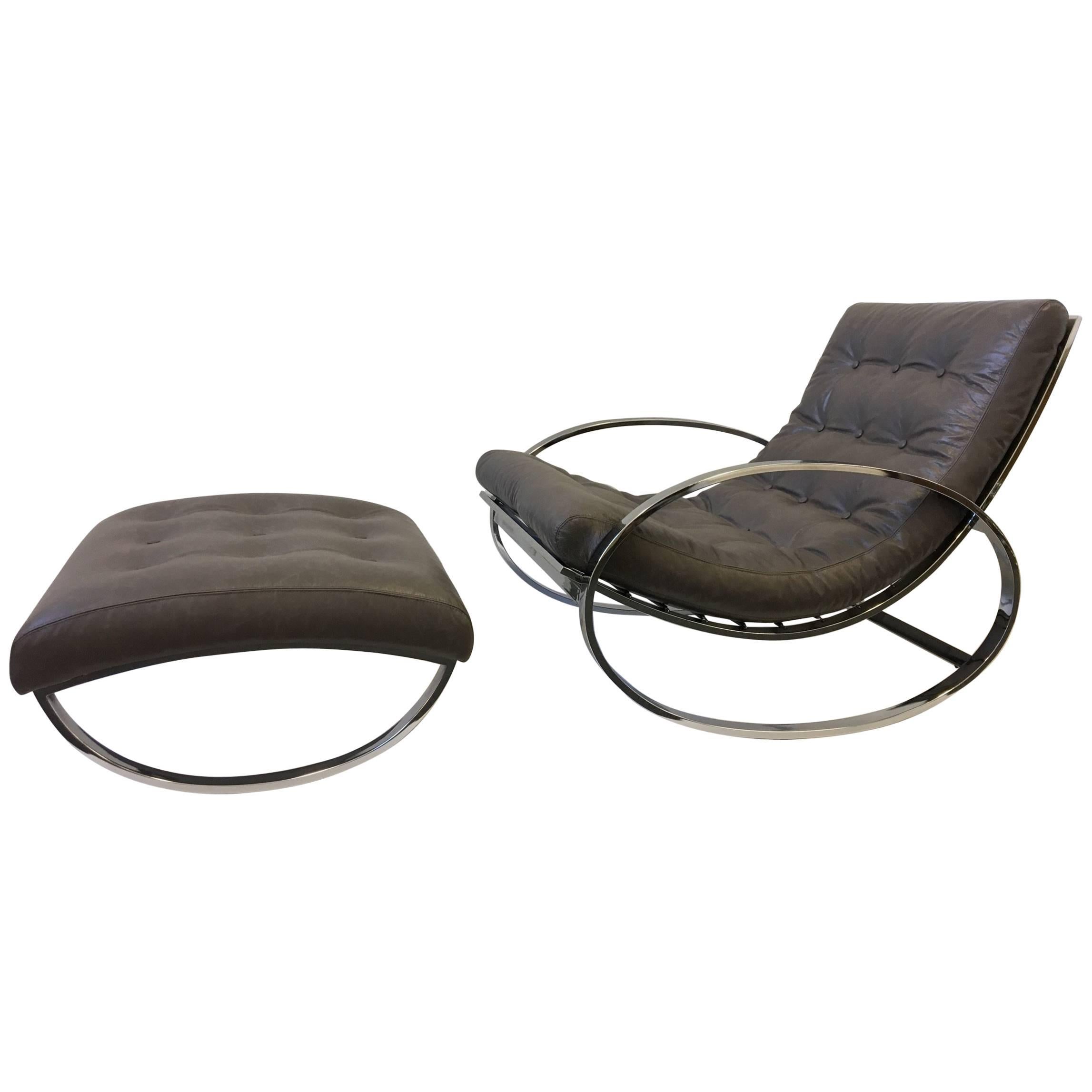Chrome and Leather Rocking Chair and Ottoman by Renato Zevi