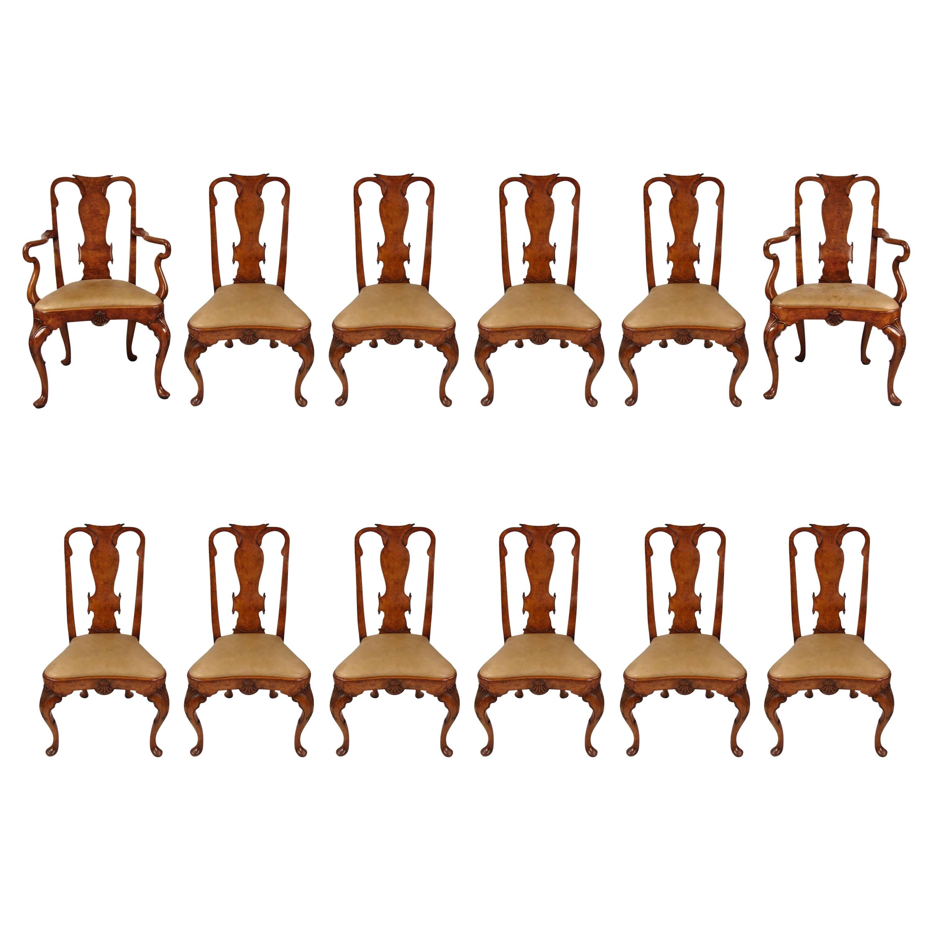 Set of 12 Georgian Style Walnut and Burled Walnut Dining Chairs