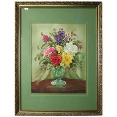 Vintage Floral Still Life Watercolor Painting of Roses by R. Johnson, 1986