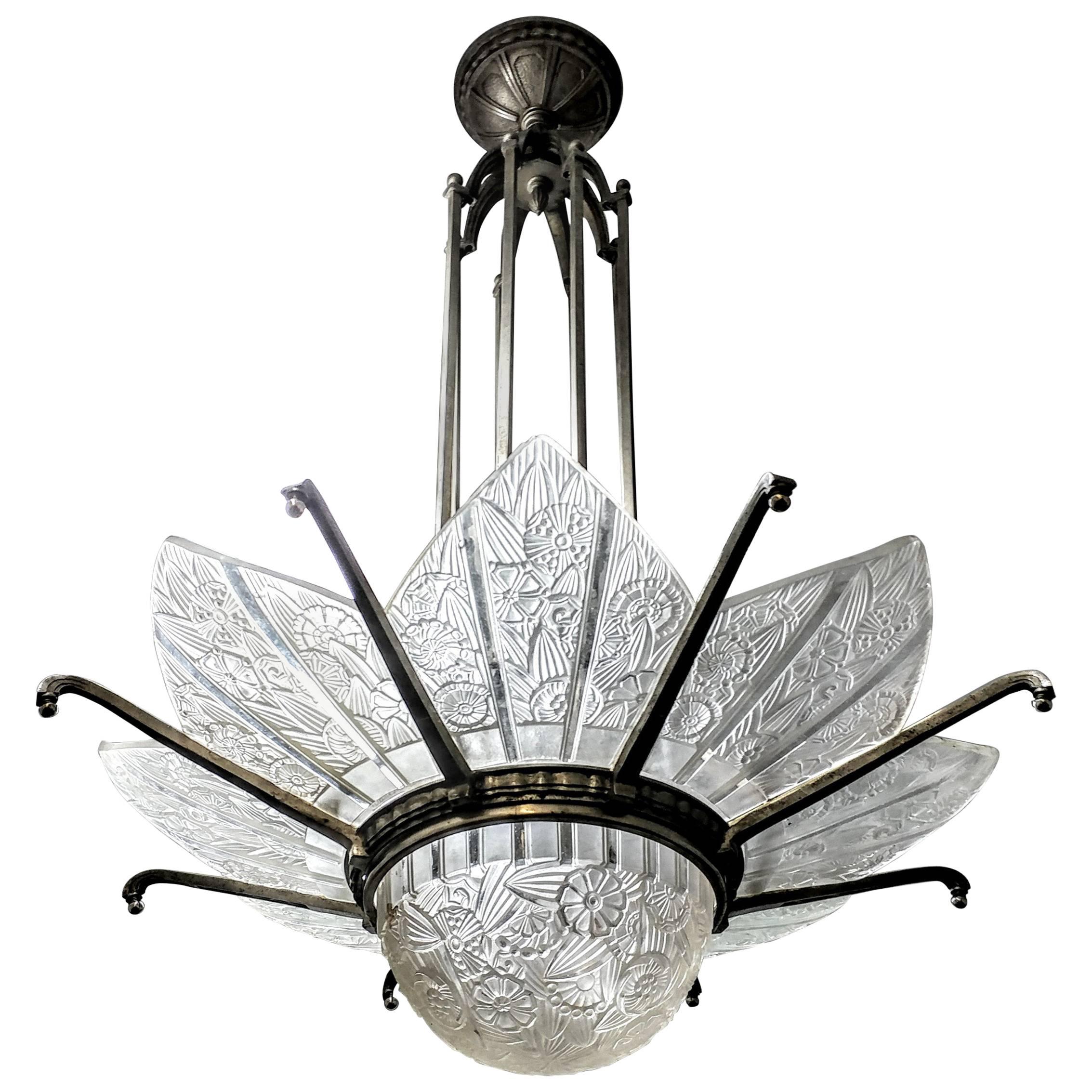 French Art Deco Chandelier Signed by Hettier Vincent For Sale