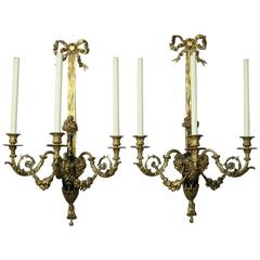 Pair of Monumental French Empire Gilt Bronze Three-Candle Light Sconces, c1870