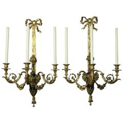 Pair of Monumental French Empire Gilt Bronze Three-Candle Light Sconces, c1870 Pair of Monumental French Empire Gilt Bronze Three-Candle Light Sconces, c1870