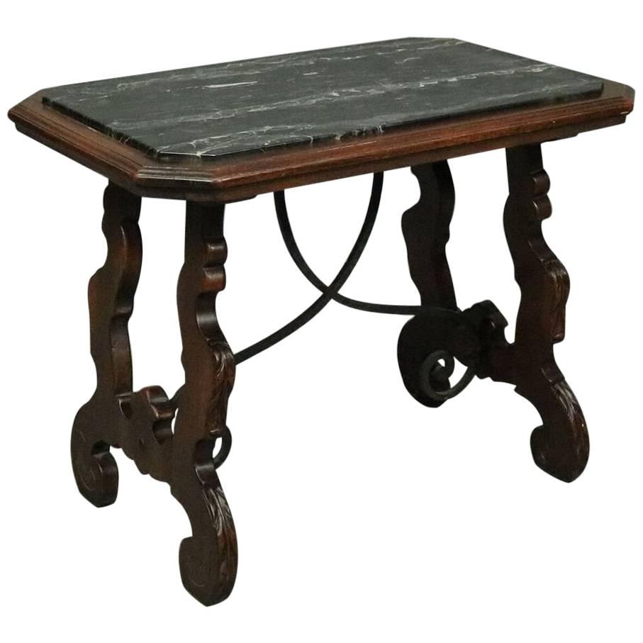 Vintage Continental Mahogany, Wrought Iron and Marble Trestle Coffee Table