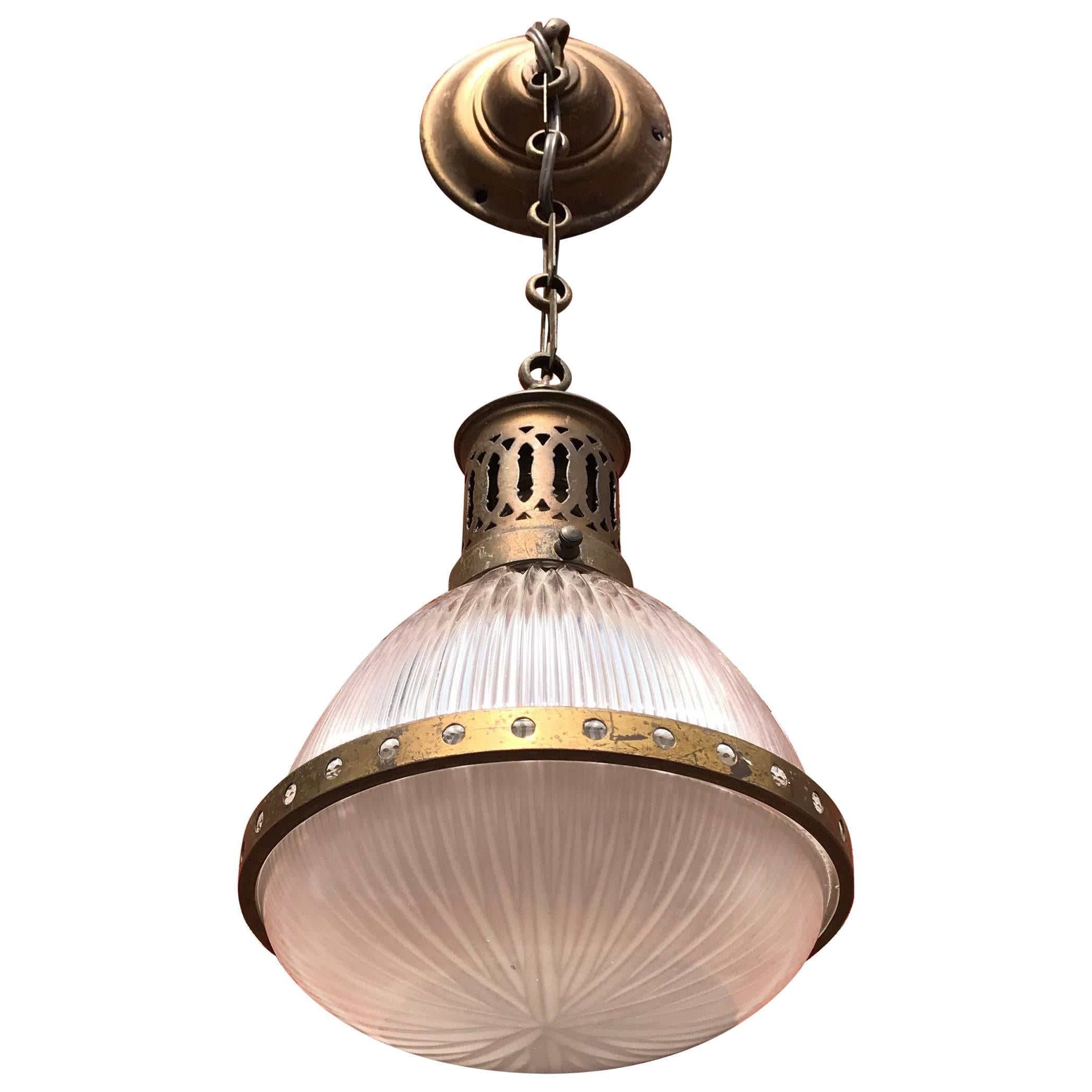 Early, 1900 French Art Deco Holophane Glass and Brass Pendant Light Ceiling Lamp
