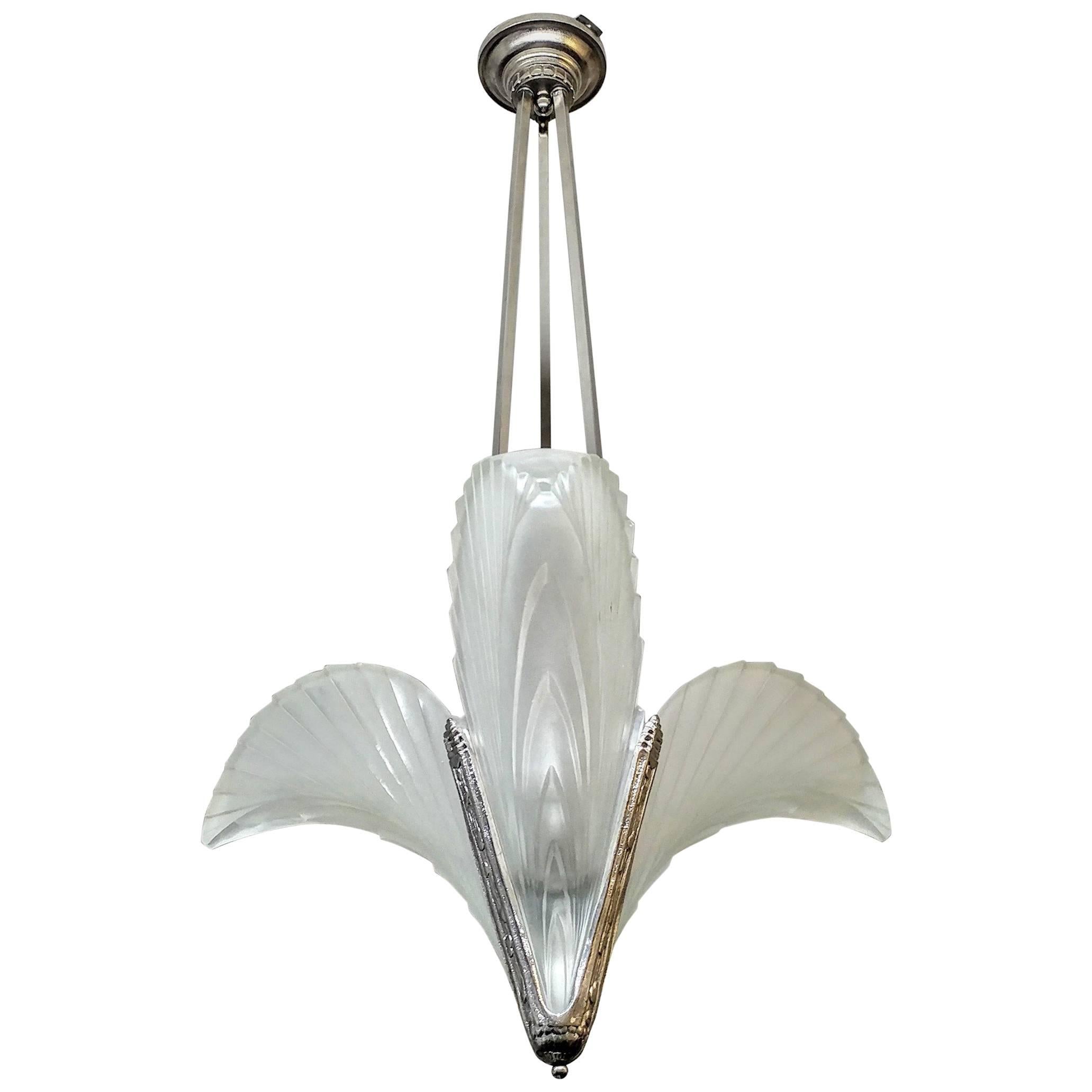 French Art Deco Triangular Feather Chandelier
