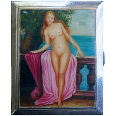 Used Art Deco Silver, Risqué Nude Enamel Cigarette or Card Case Padgett & Braham