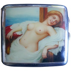 Antique Edwardian Silver and Risqué Nude Enamel Cigarette or Card Case by Joseph Gloster
