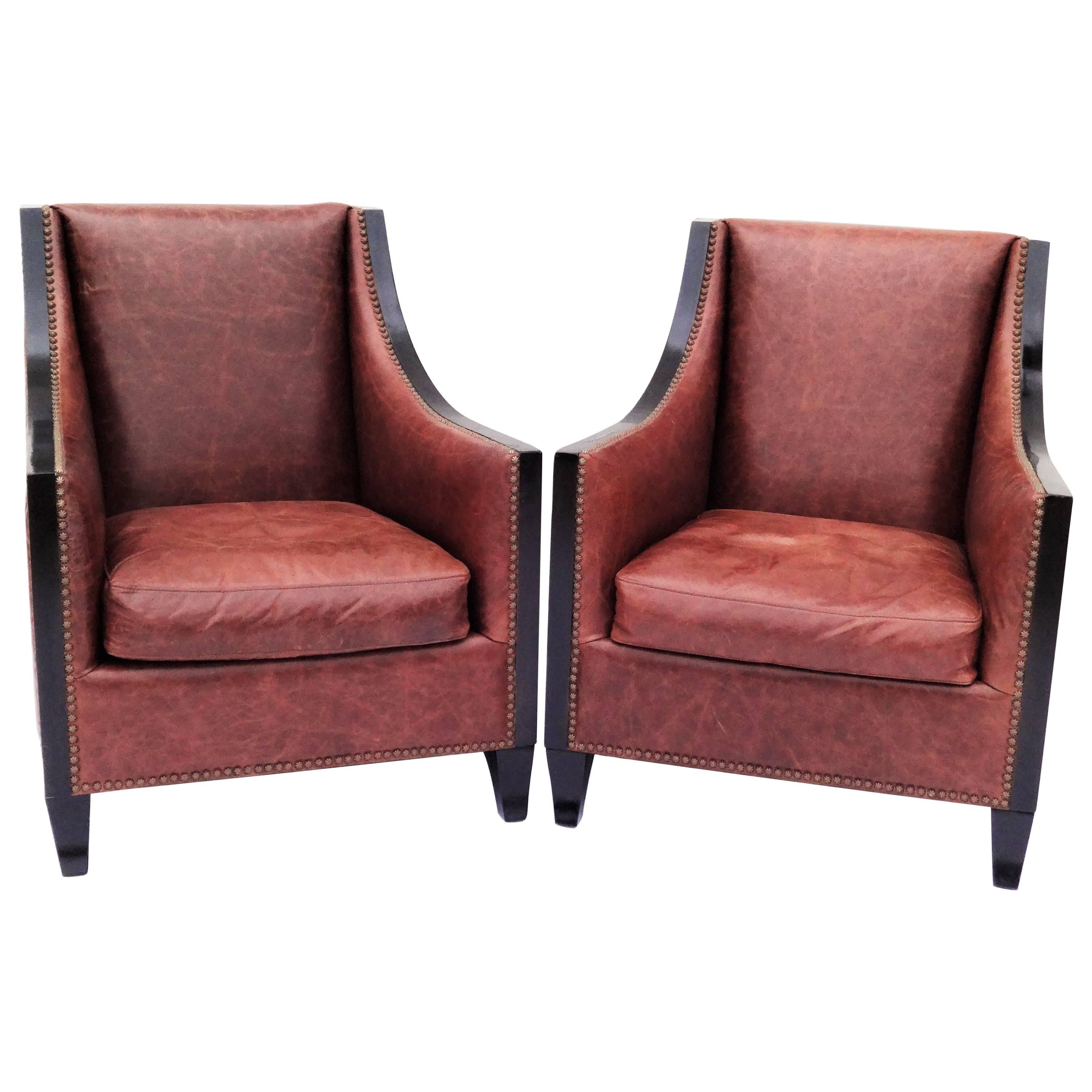 Pair of High Back Leather Club Chairs For Sale