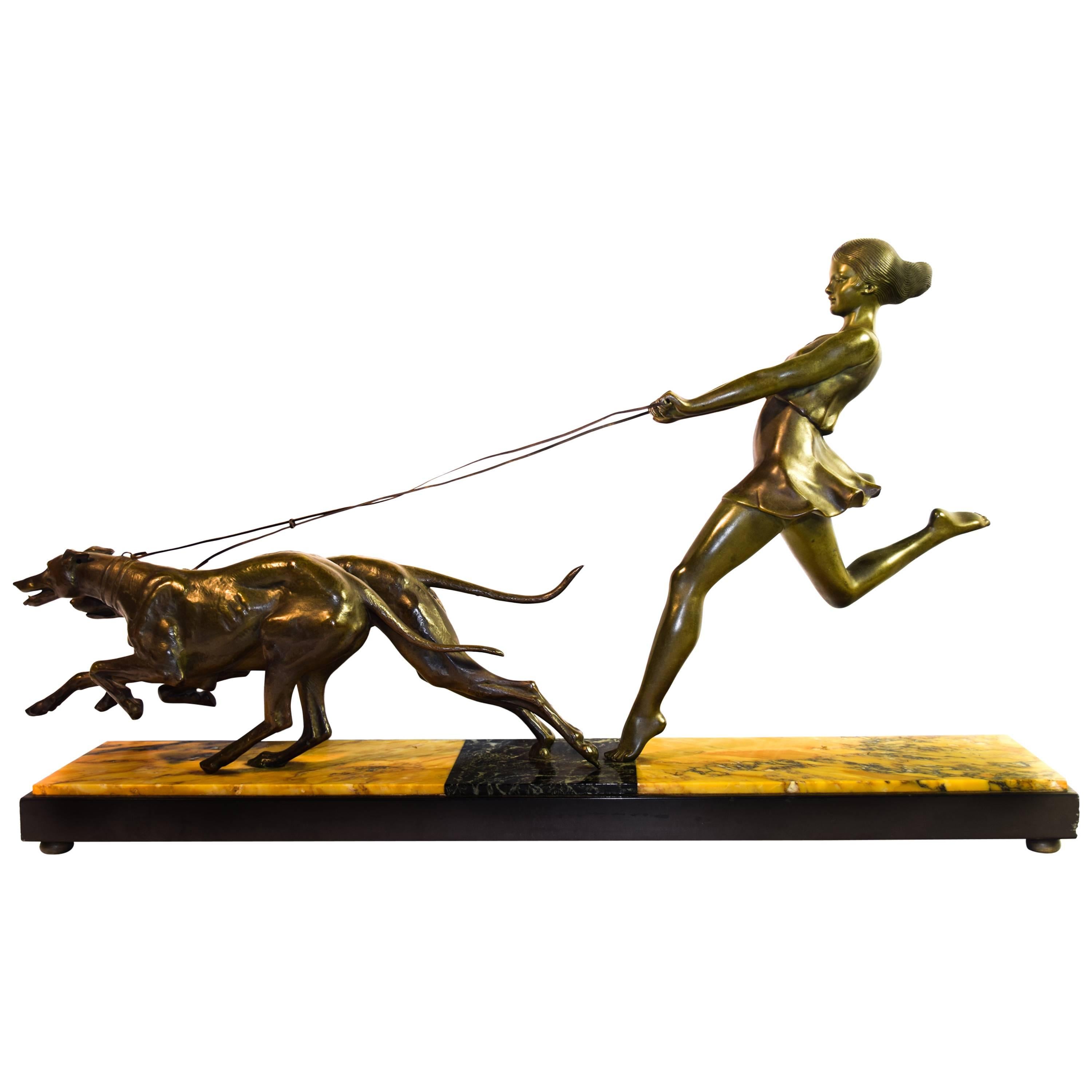 Art Deco Statue of Women and Dogs For Sale