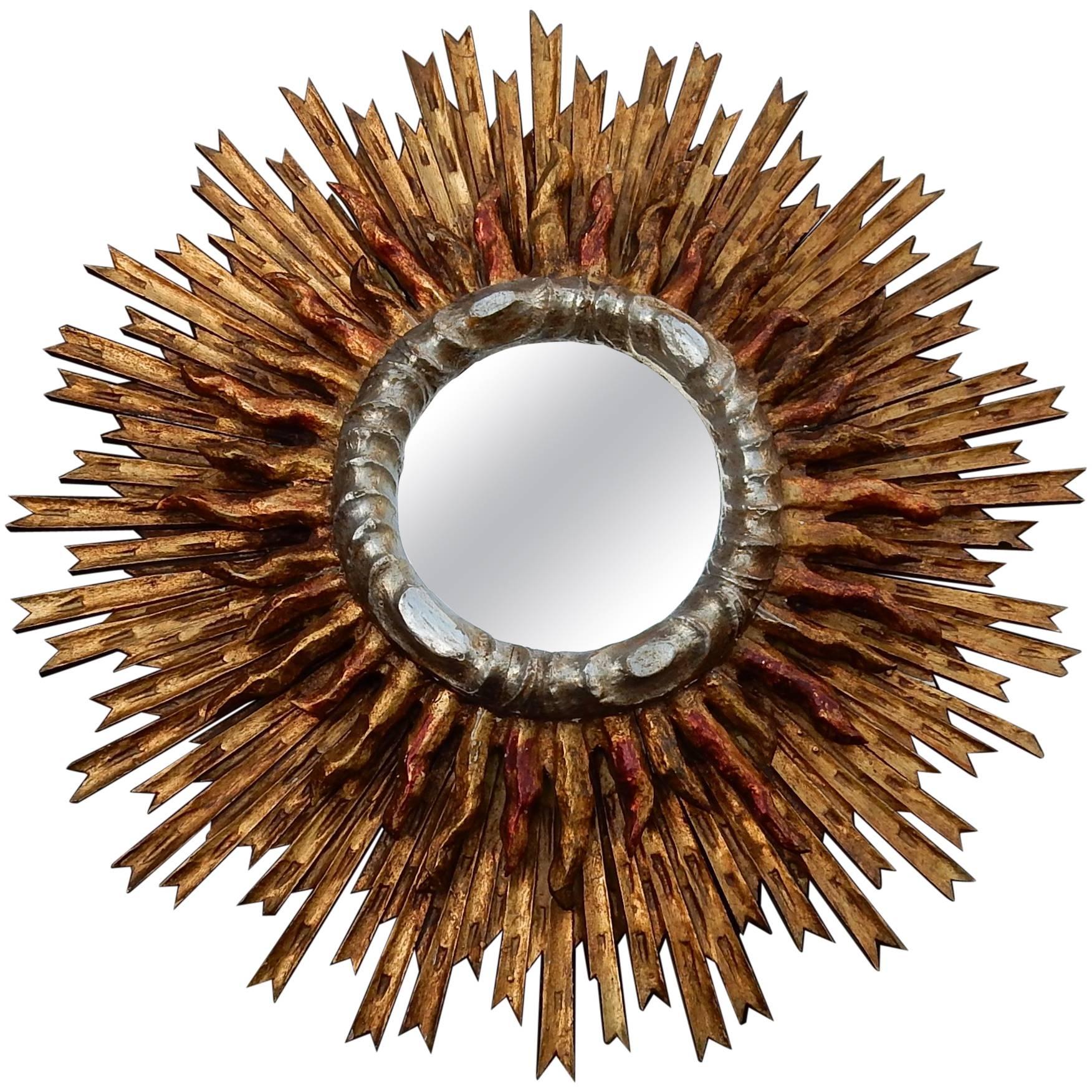 1950 Sun Mirror Wood Gilted and Silvered with Doble Ray