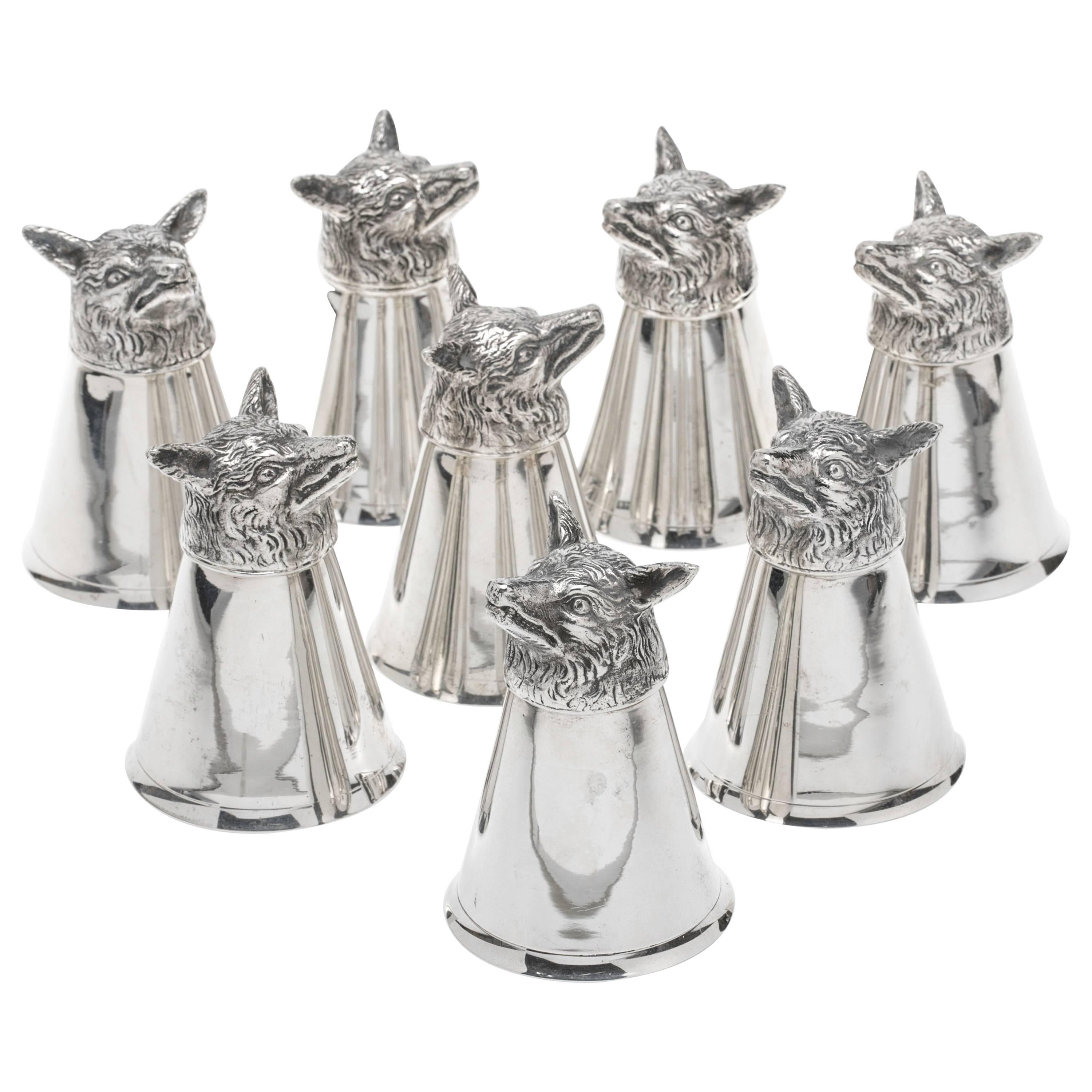 Sterling Silver Fox Head Stirrup Cups Set of Eight