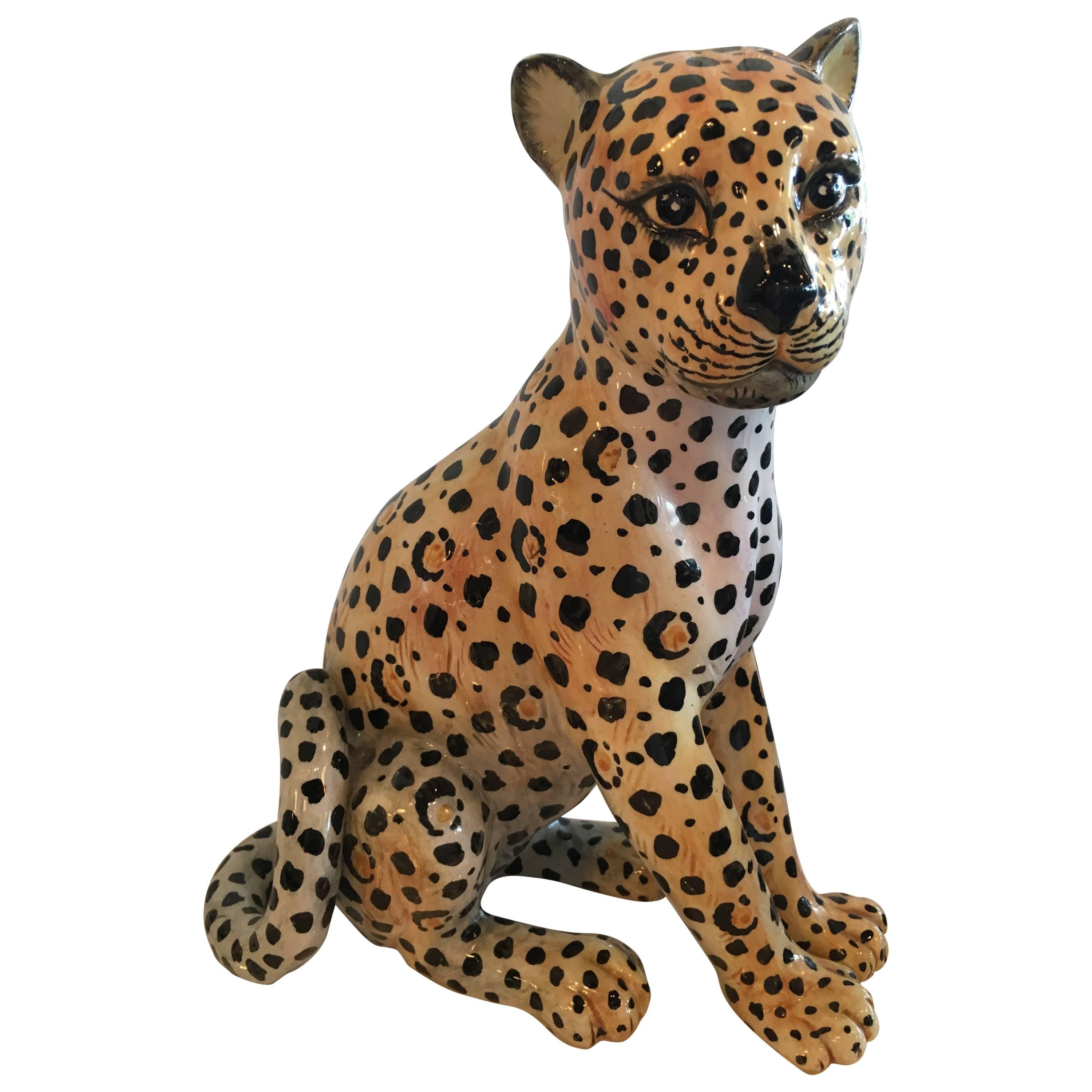 Italian Cheetah Ceramic Statue Vintage Made in Italy Hollywood Regency