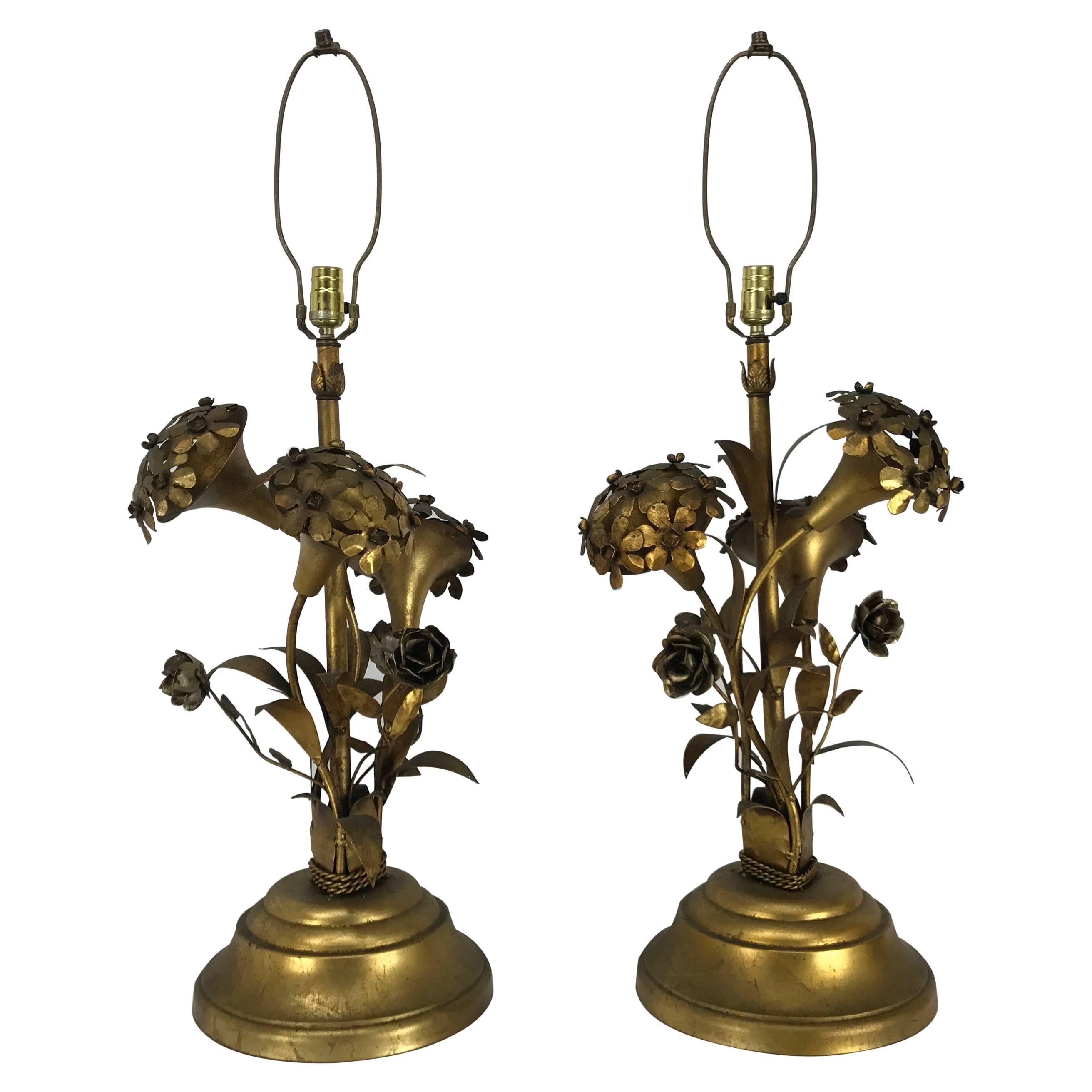 Pair of Regency Modern Gold Gilt Hydrangea Themed Table Lamps, Italy