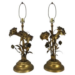 Coppia di lampade da tavolo moderne Regency dorate a tema ortensie, Italia
