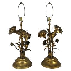 Vintage Pair of Regency Modern Gold Gilt Hydrangea Themed Table Lamps, Italy