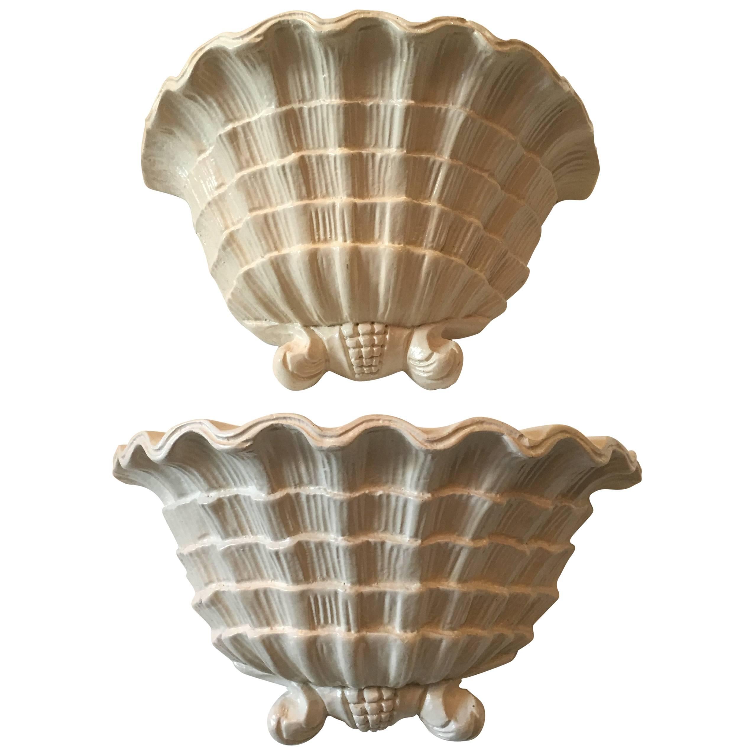Pair of Serge Roche Style Wall Sconces Plaster Seashell Scalloped Shell Planters