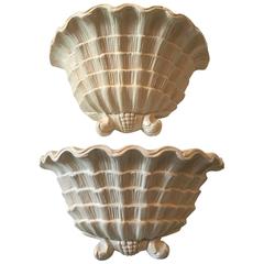 Vintage Pair of Serge Roche Style Wall Sconces Plaster Seashell Scalloped Shell Planters