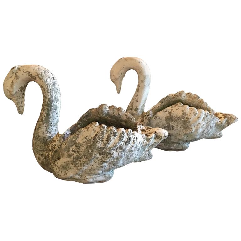 Pair Of Vintage Concrete Large Swan English Garden Planters Urns