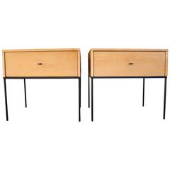 Mid-Century Modern Pair of Paul McCobb Nightstands in Maple on Black Steel Base