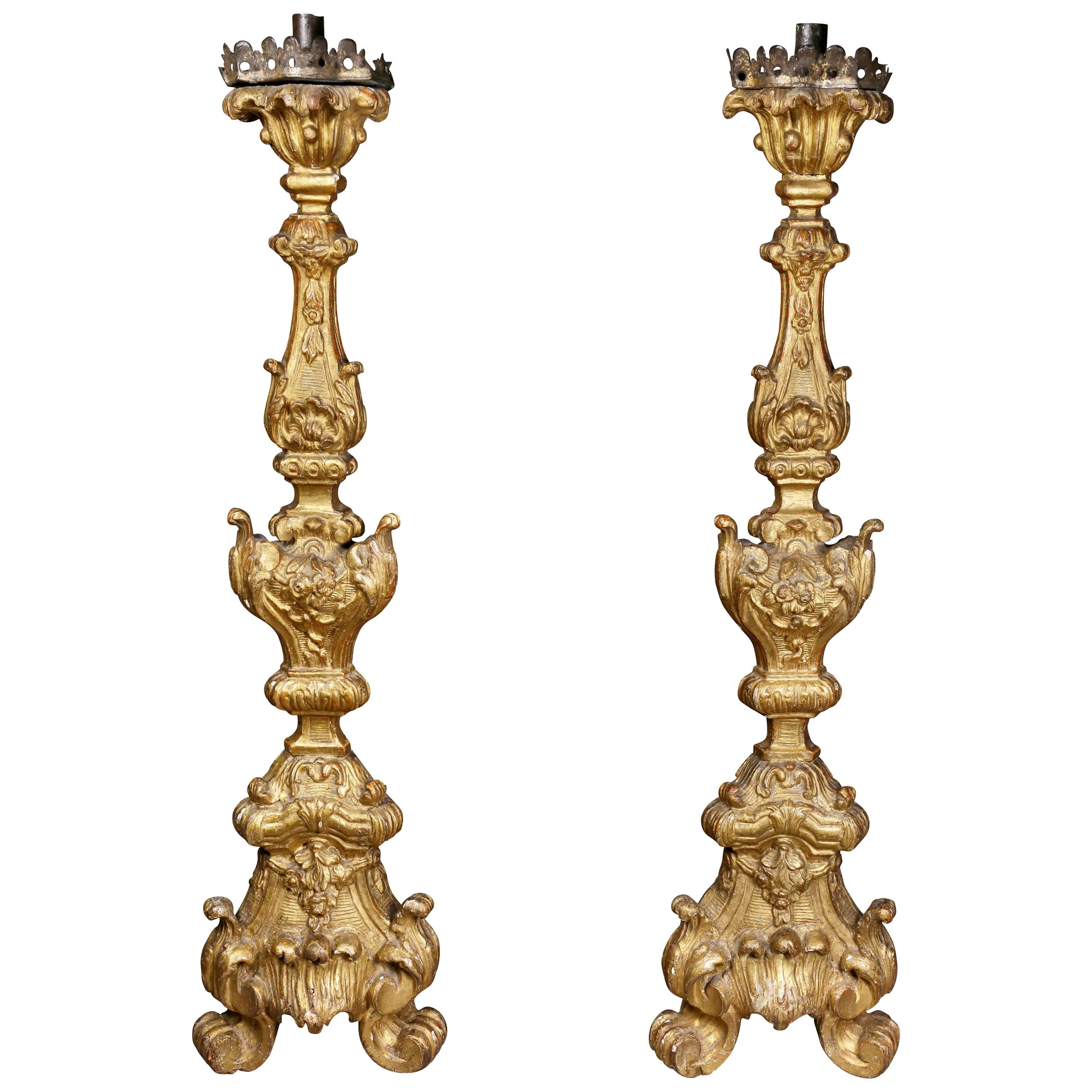 Pair of Italian Baroque Giltwood Pricket Sticks