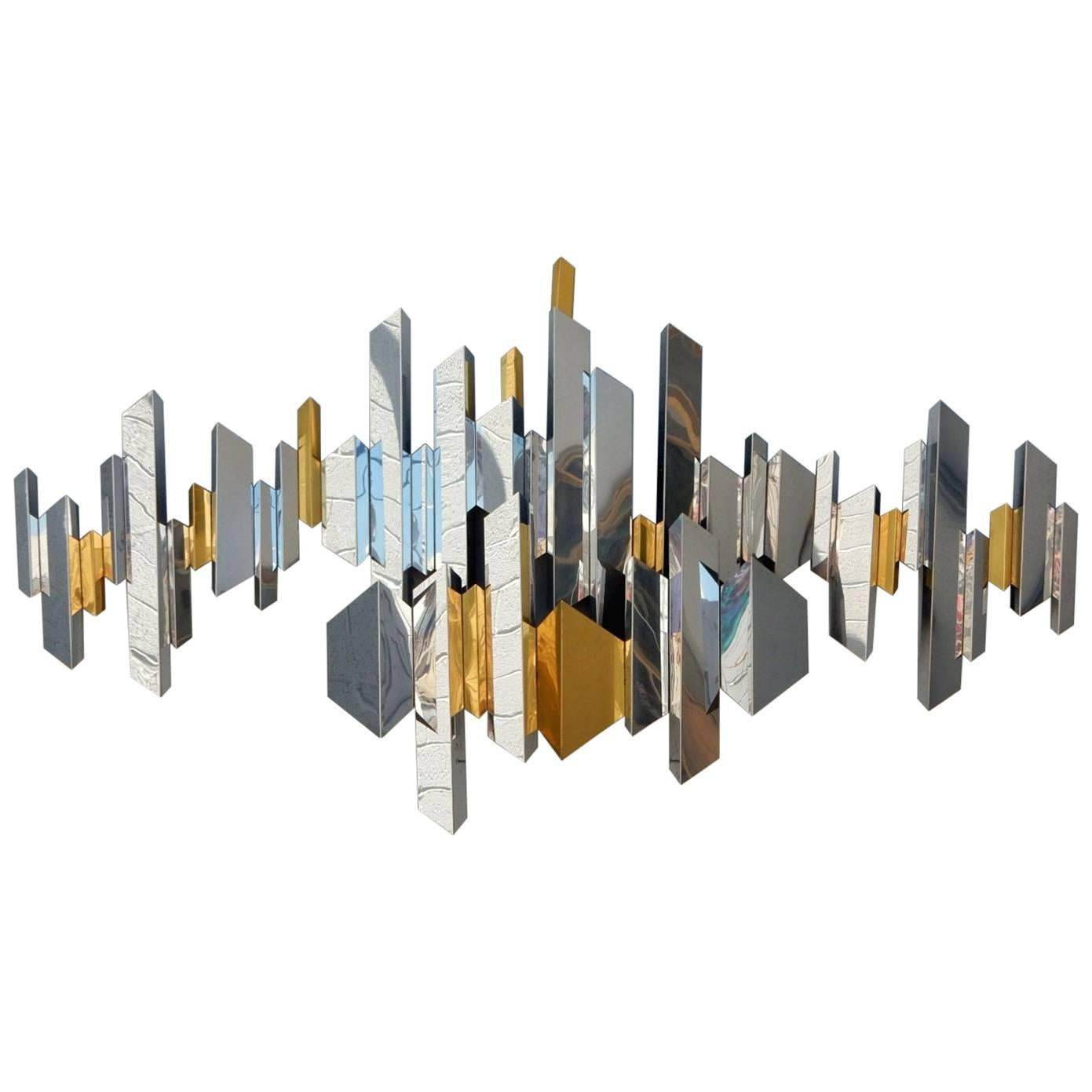 Large Mid-Century Curtis Jere Cityscape Art Sculpture in Chrome and Brass
