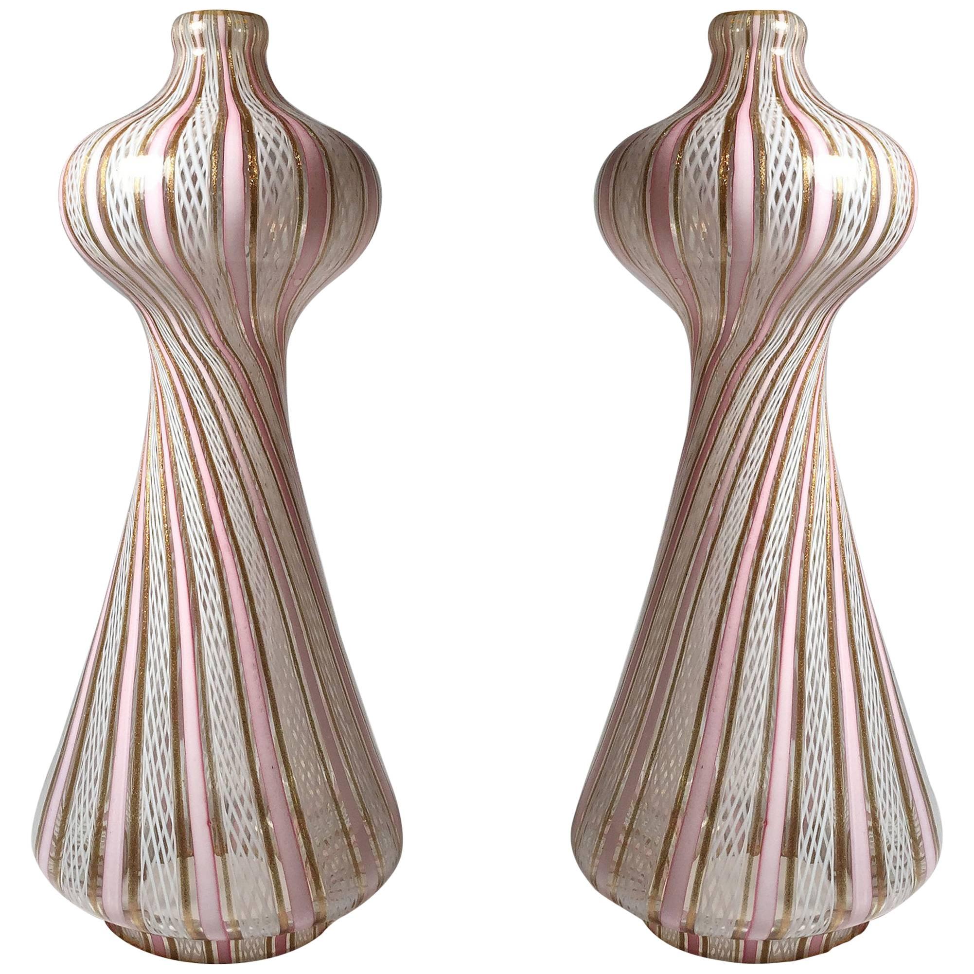 Vintage Beautiful Pink and White Murano Latticino Glass Lamps