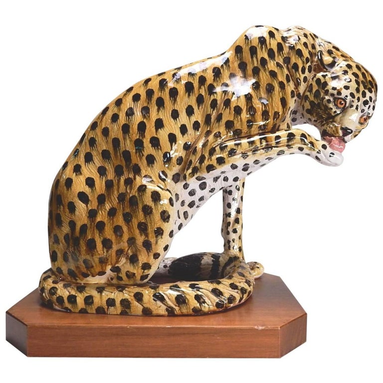 Hollywood Regency Italian Ceramic Cheetah Floor Sculpture For Sale at