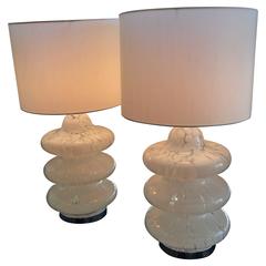 Pair of Murano Three-Tier Mottled Glass Table Lamps, Chrome Hollywood Regency