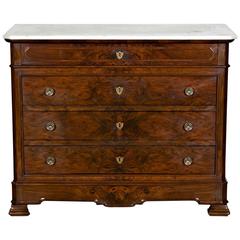 French Louis Philippe Bookmatched Burled Walnut Commode with Marble Top