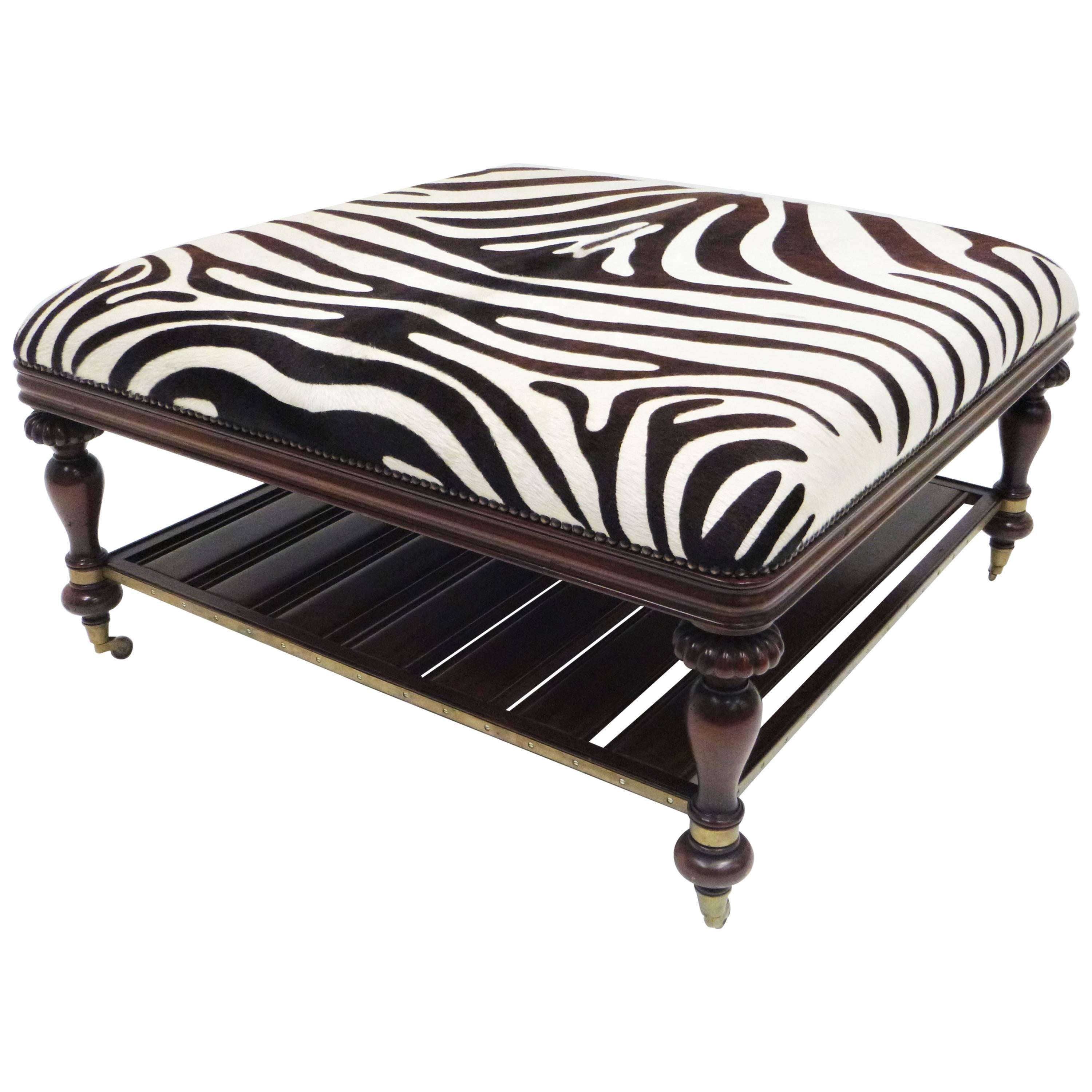 Vintage Zebra Hide Ottoman, Coffee or Cocktail Table For Sale