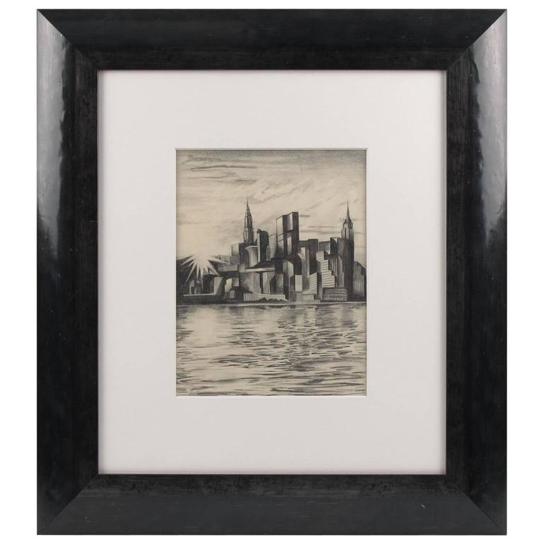 Cubist New York Cityscape Charcoal Drawing at 1stDibs