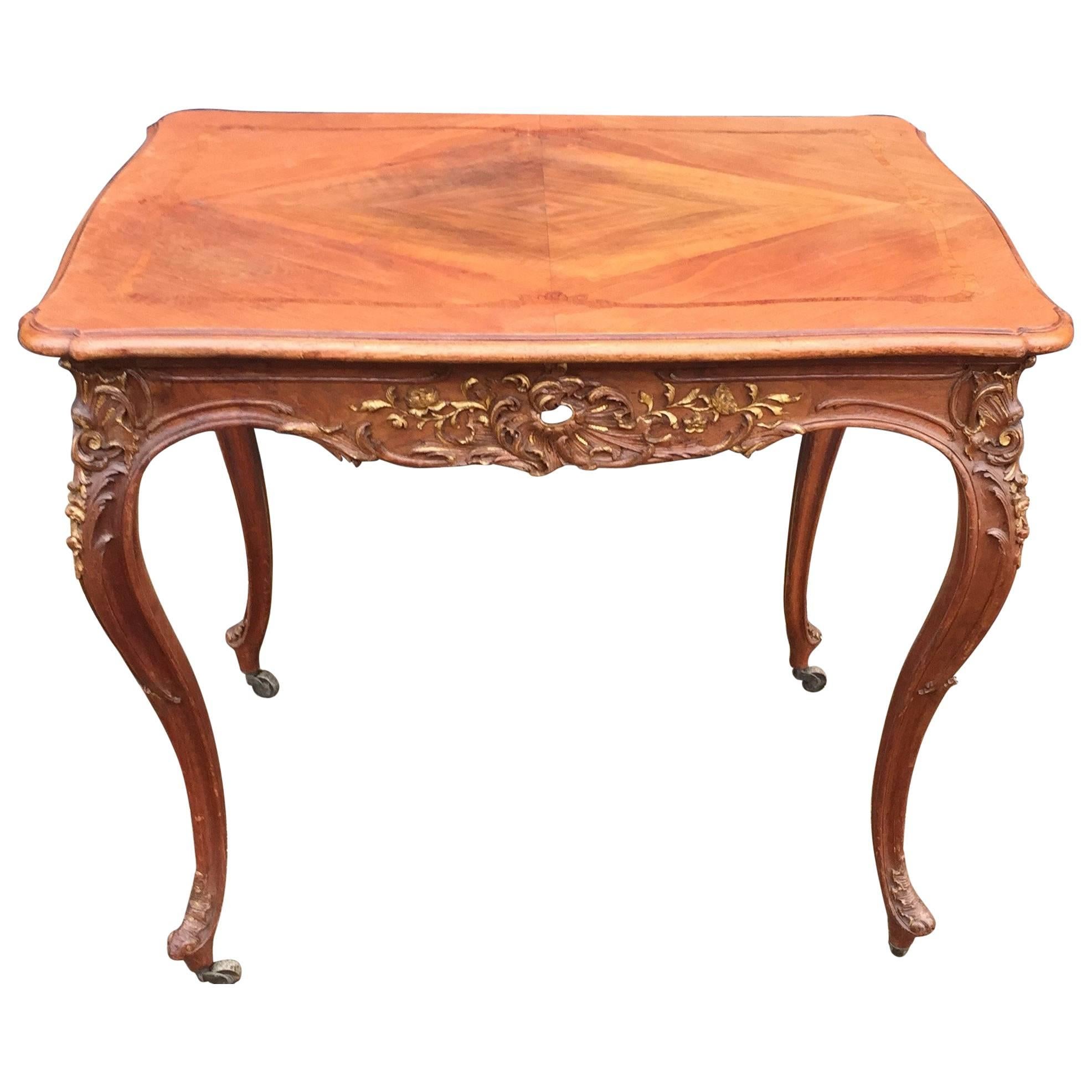 French Arts & Craft Carved, Gilt and Inlaid Louis Seize Style Walnut Table  For Sale