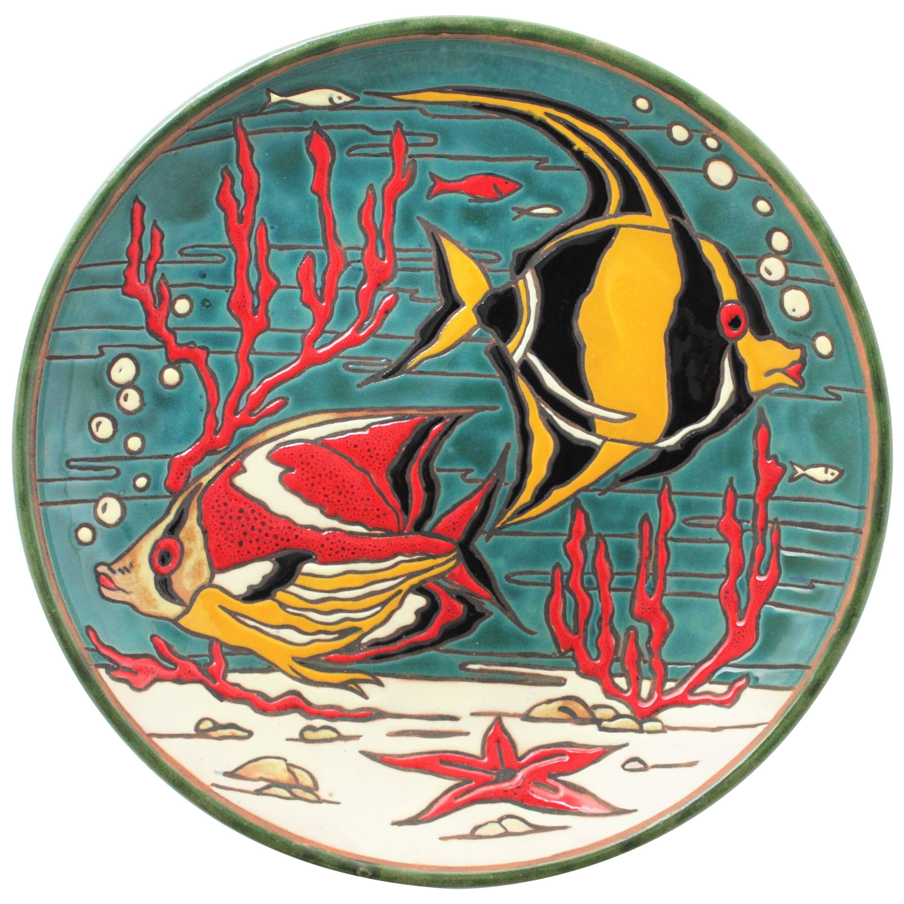 Spanish Glazed Ceramic Fishes Wall Plate