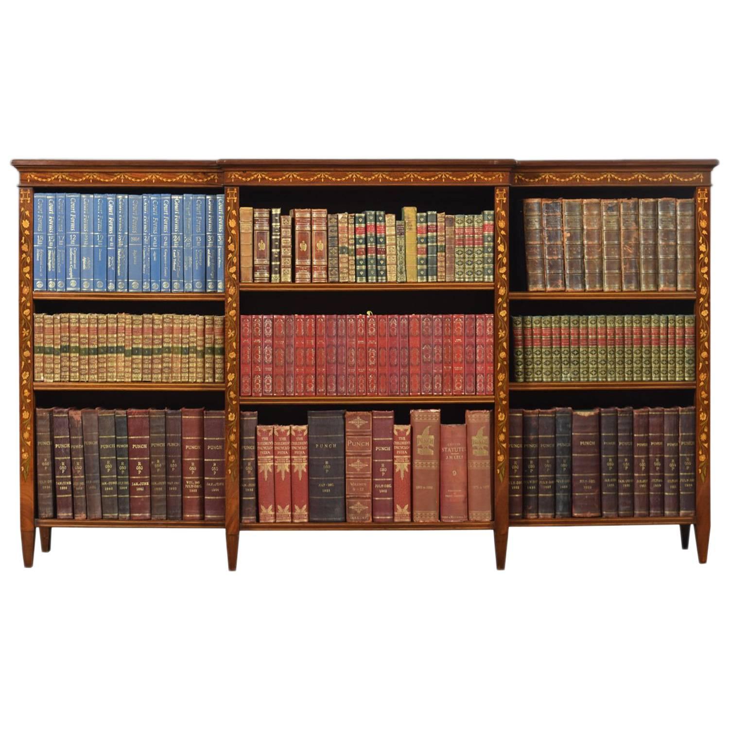 Edwardian Mahogany Satinwood Banded and Marquetry Open Bookcase