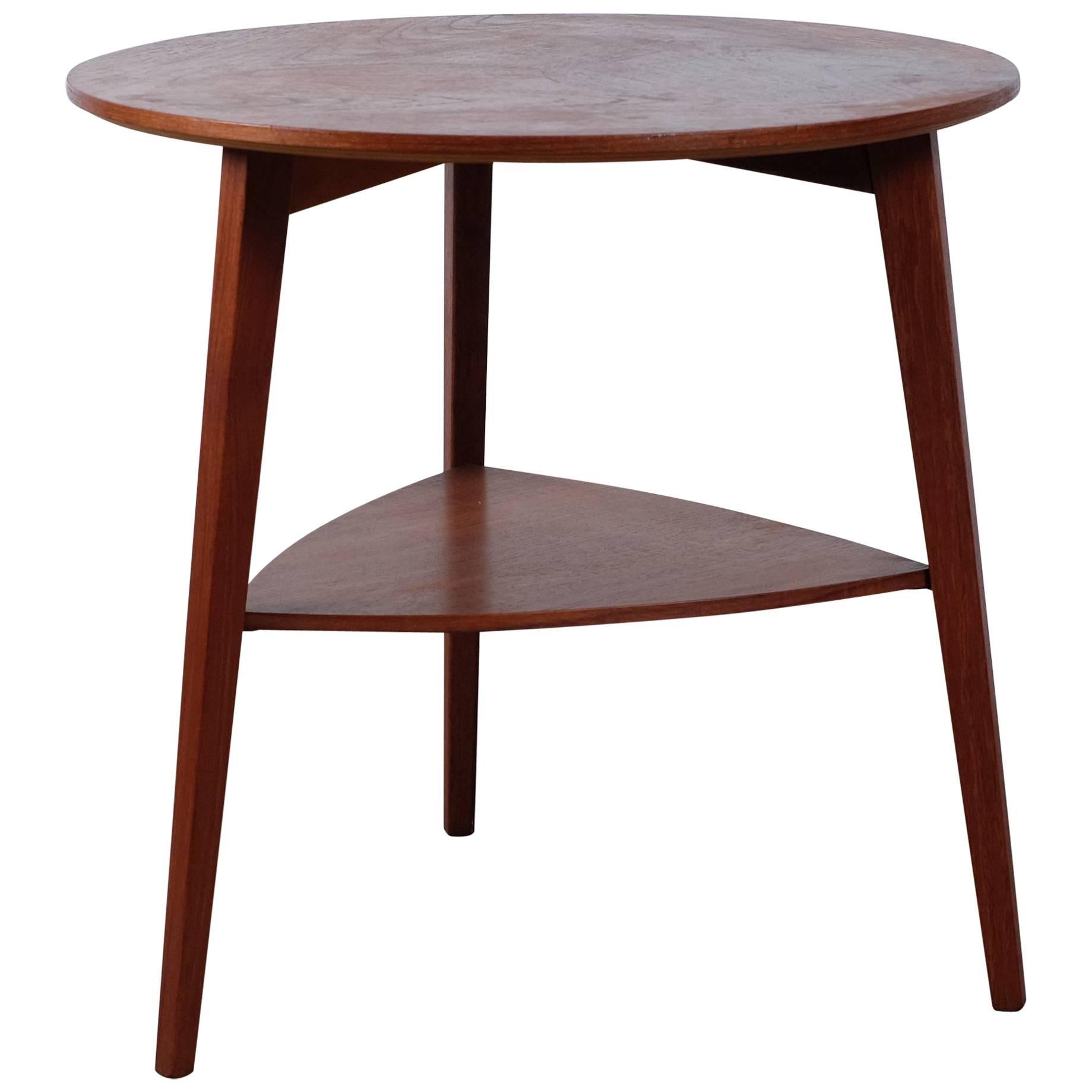 Danish Round Three-Legged Teak Side Table with Triangled Lower Shelf