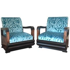 Pair of Art Deco Club Chair with Turqueoise Velvet by Lizzo, Italy 5