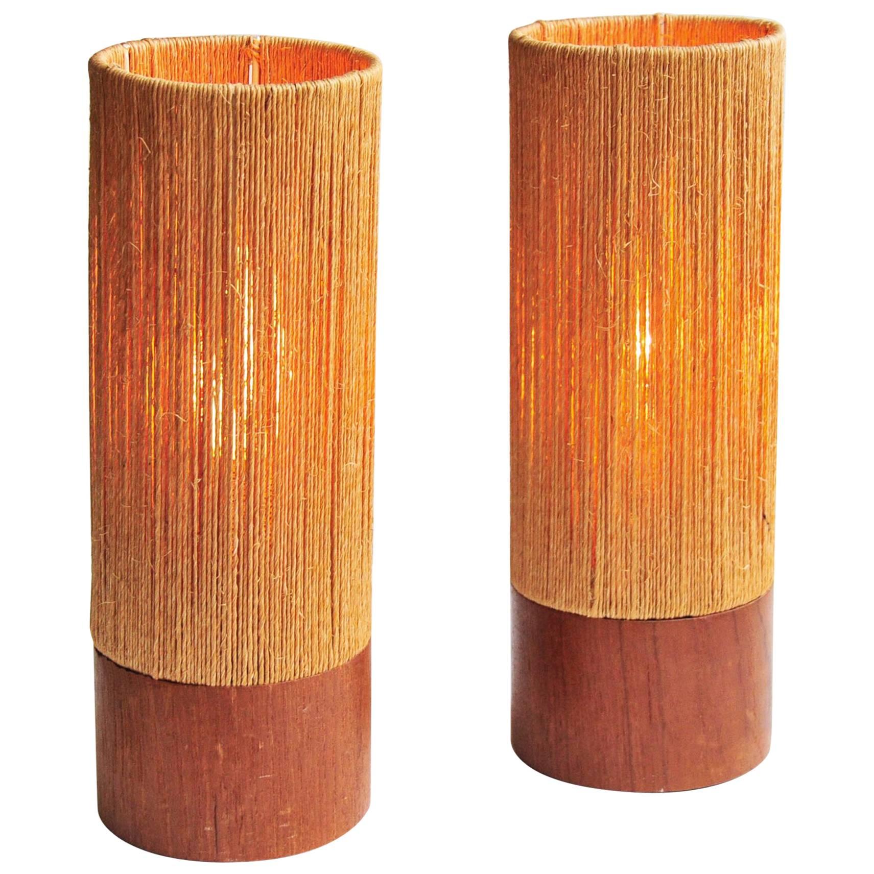Pair of Teak and Rope Table Lamps For Sale