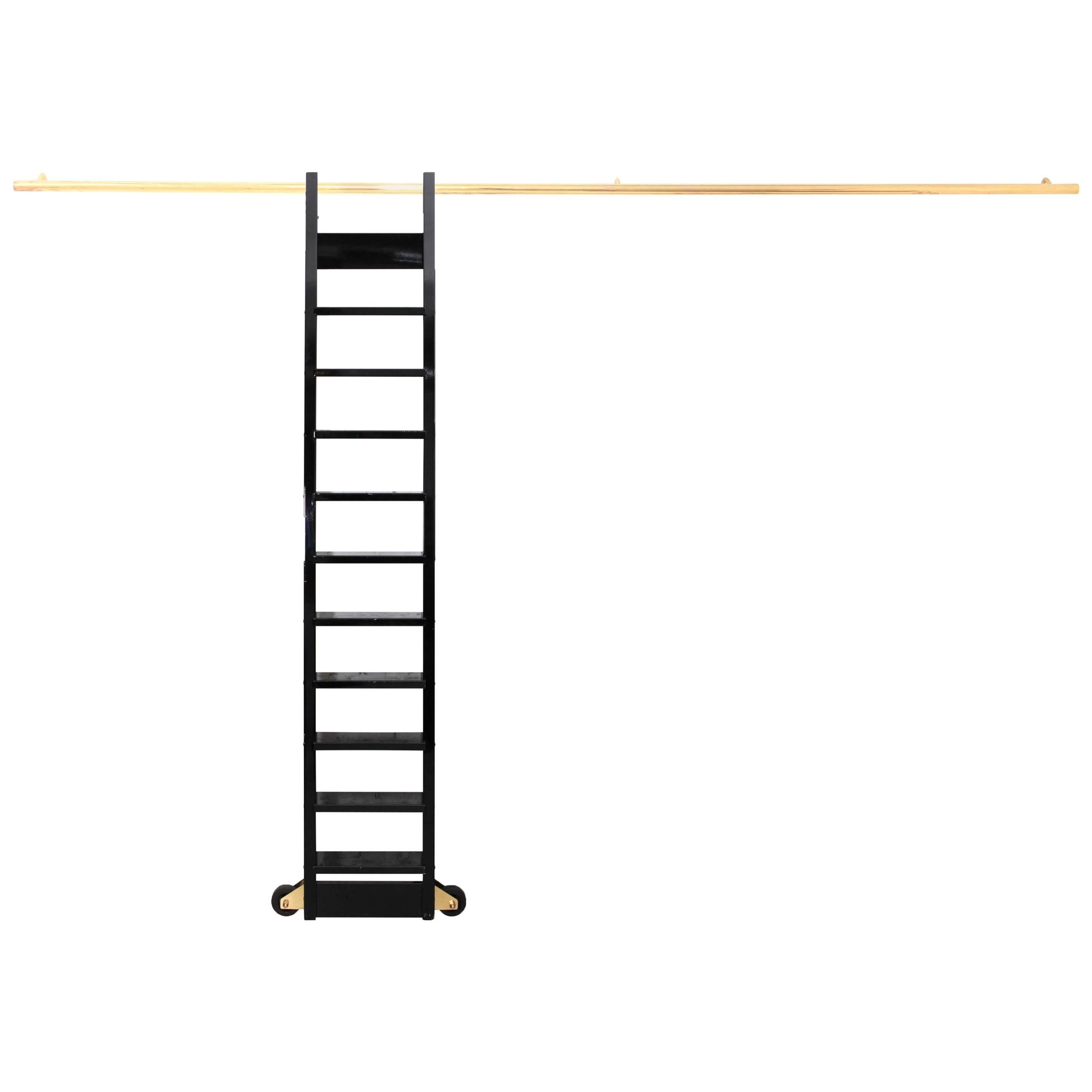 Black Lacquered Book Case Ladder on Brass Rail