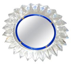 Vintage Sunburst Crystal Blue Glass Gilt Brass Vanity Table Mirror by Marc Lalique, 1945