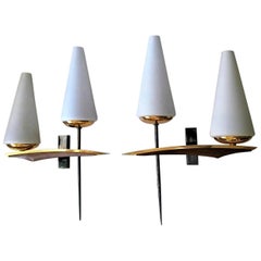 Pair of Double Sconces, French Mid-Century Modern by Maison Arlus