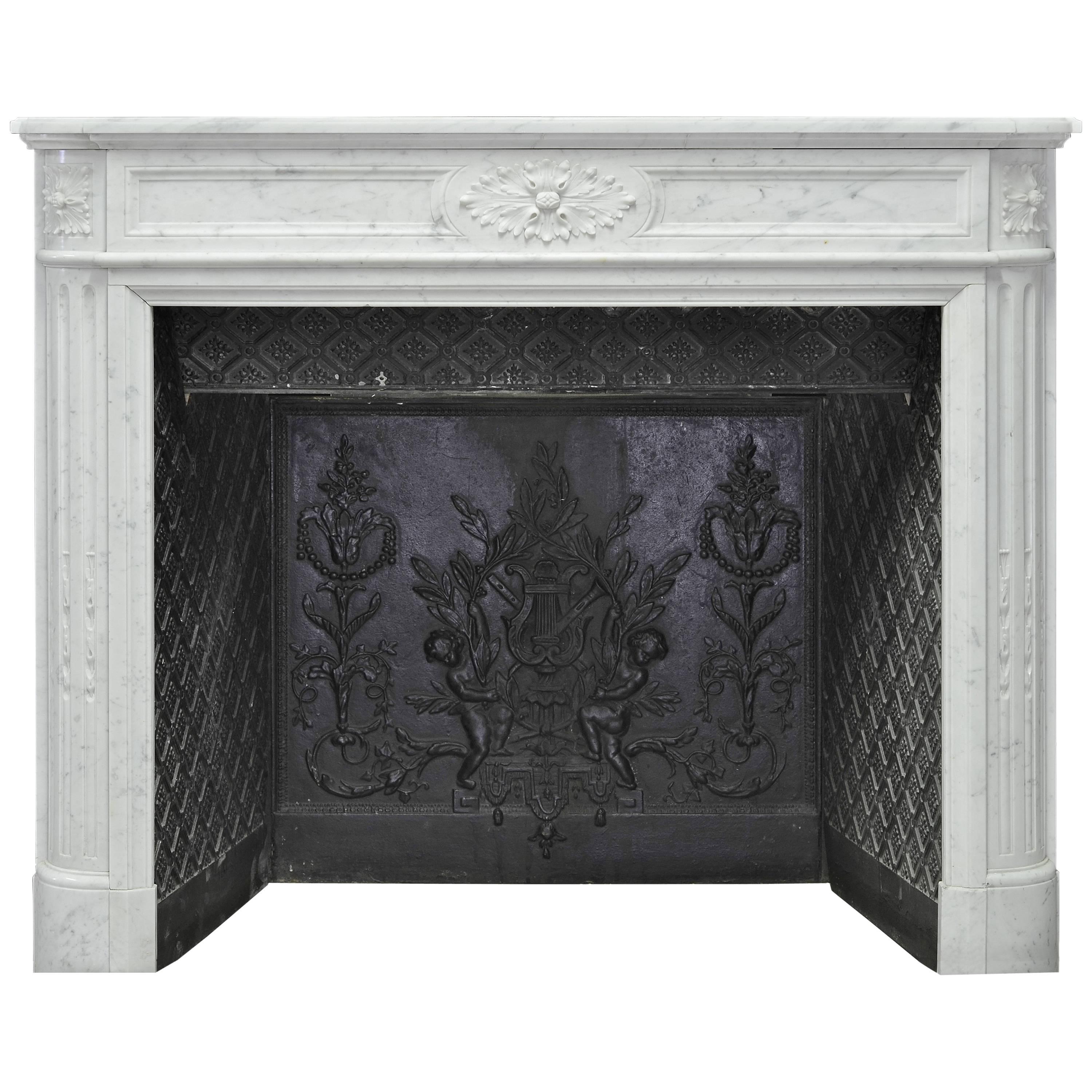 Antique Fireplace in Carara Marble, Louis XVI Style, 19th Century, Paris, France