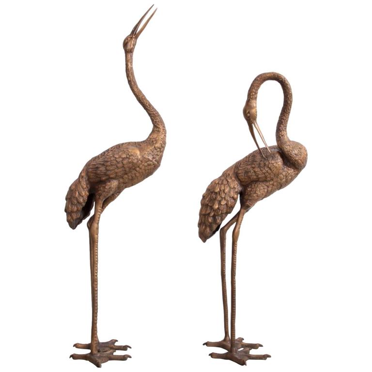 Pair of 4-5 Feet Tall Brass Flamingo or Crane Sculptures. For Sale at